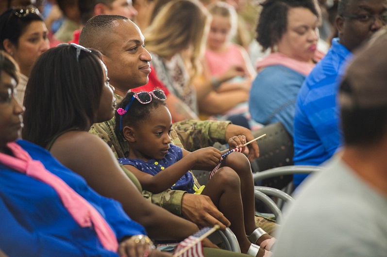 Louisiana National Guardsmen of the 1st Assault Helicopter Battalion, 244th Aviation Regiment bid farewell to family and friends during a deployment ceremony at the Army Aviation Support Facility #1 in Hammond, Louisiana, Oct. 6, 2017. The Hammond-based unit deployed more than 140 Soldiers to Kuwait and other locations in the region to provide aerial medical evacuation and equipment and personnel transport in support of Operations Spartan Shield and Inherent Resolve. (U.S. Army National Guard photo by Staff Sgt. Josiah Pugh)